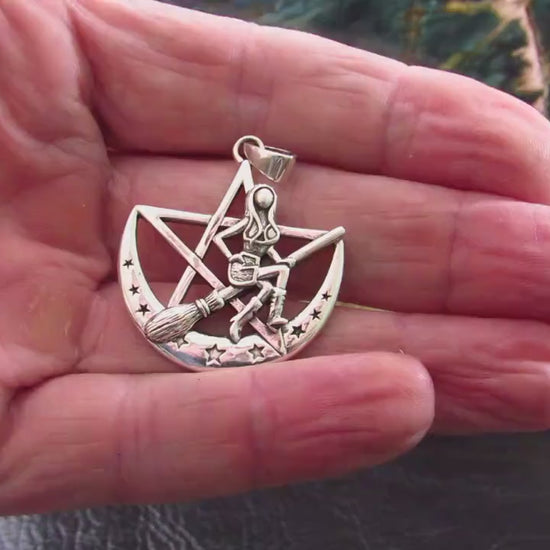 Solid 925 Sterling Silver Salem Witch on Crescent Moon Pentagram Pendant, Pagan Amulet