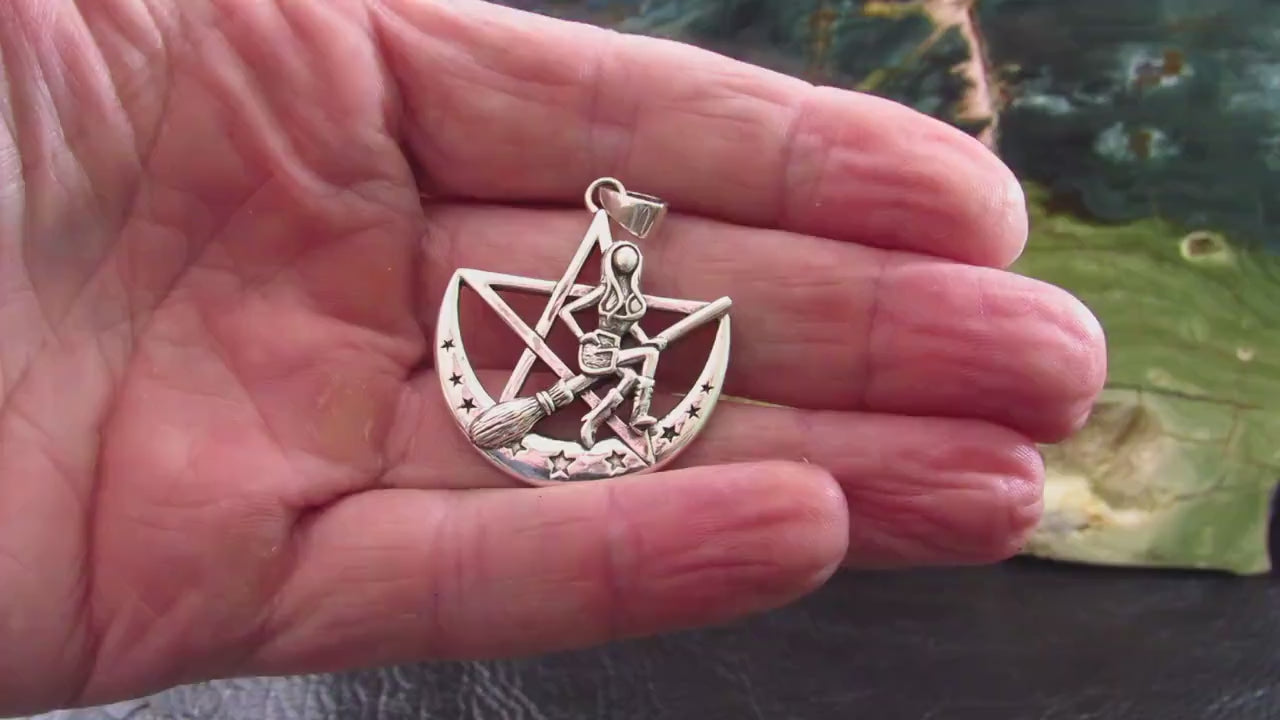 Solid 925 Sterling Silver Salem Witch on Crescent Moon Pentagram Pendant, Pagan Amulet