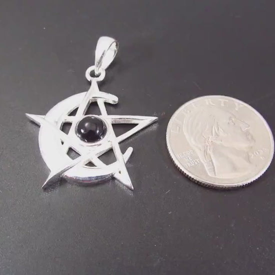 Solid 925 Sterling Silver Pagan Crescent Moon Pentagram Pendant With Gemstone; Purple Amethyst, Rainbow Moonstone, or Black Onyx