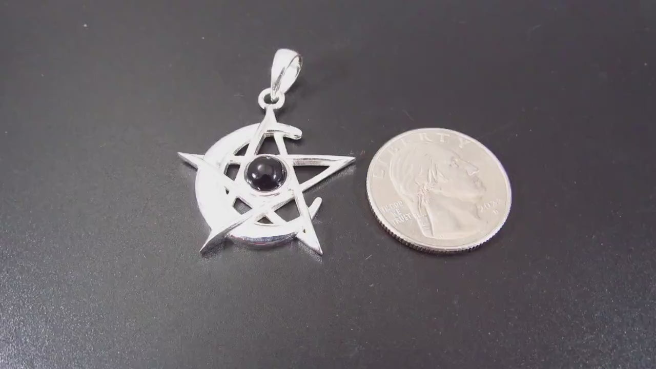 Solid 925 Sterling Silver Pagan Crescent Moon Pentagram Pendant With Gemstone; Purple Amethyst, Rainbow Moonstone, or Black Onyx
