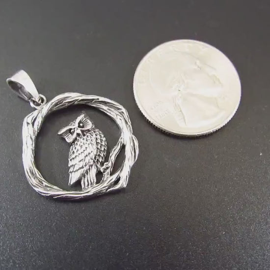 Solid 925 Sterling Silver Owl Pendant - Woodland Owl Perched on Twisted Branches Amulet