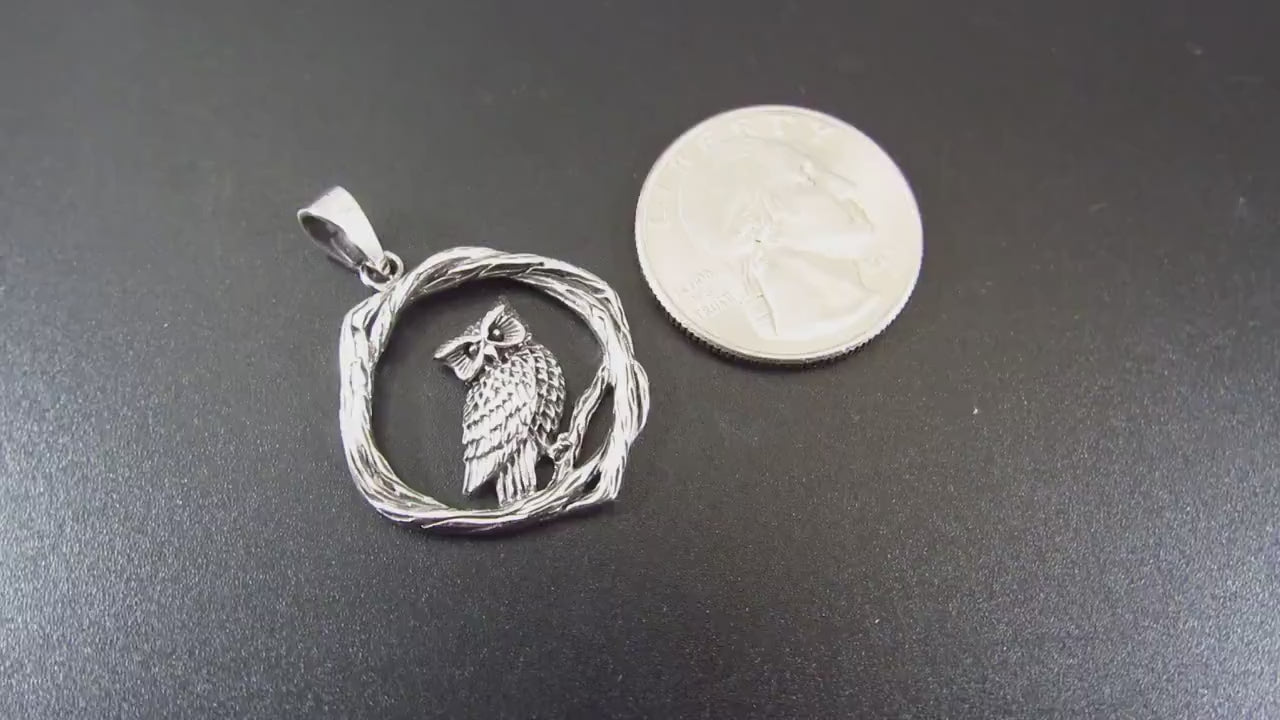 Solid 925 Sterling Silver Owl Pendant - Woodland Owl Perched on Twisted Branches Amulet