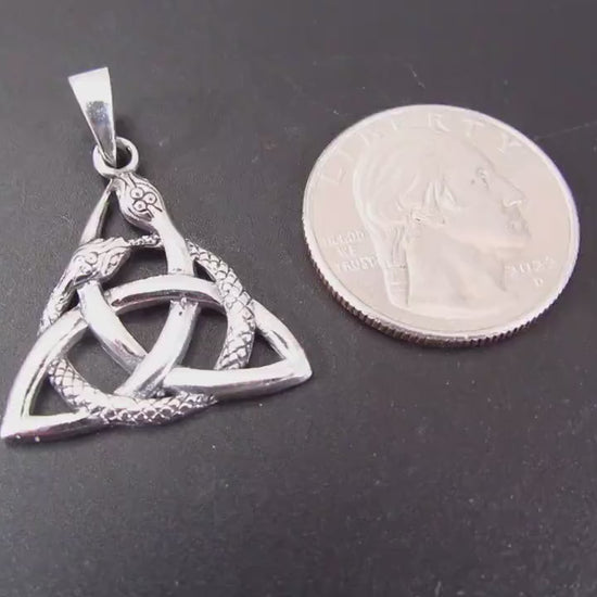 Solid 925 Sterling Silver Celtic Trinity Knot Snake Pendant, Ouroboros Triangle, Viking Triquetra Knot Pyramid Amulet, Gothic Jewelry Gift