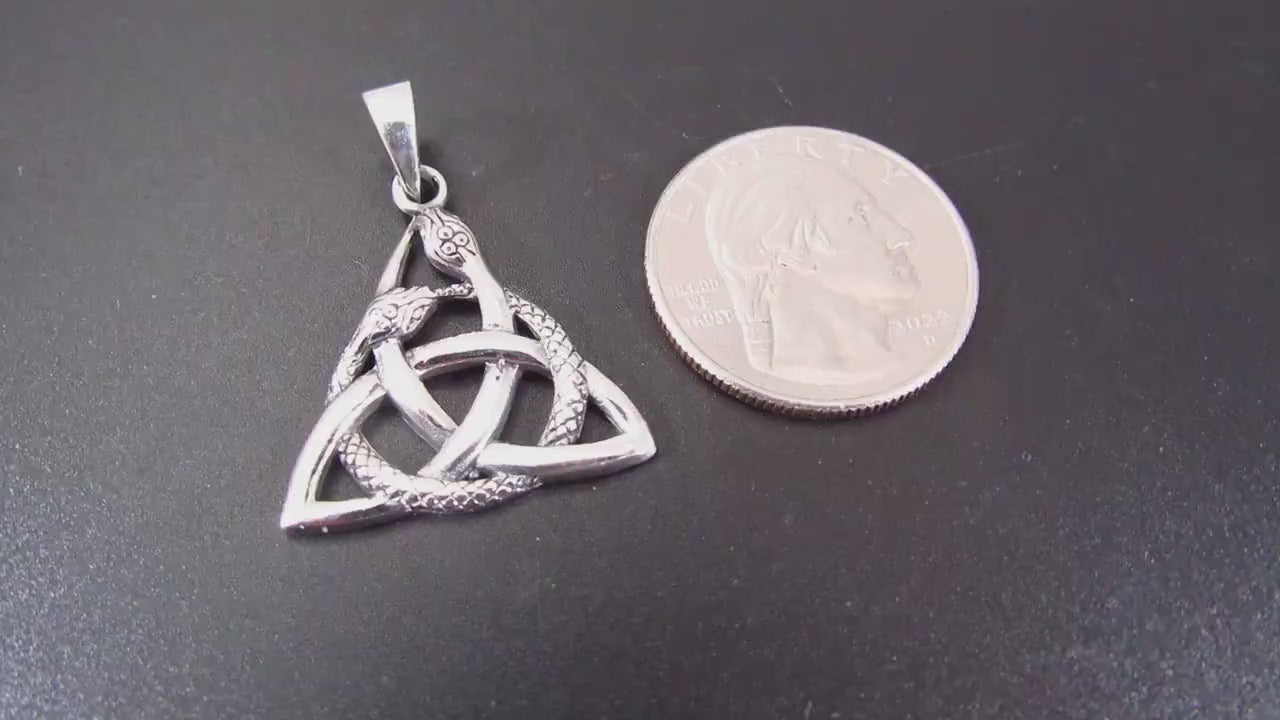 Solid 925 Sterling Silver Celtic Trinity Knot Snake Pendant, Ouroboros Triangle, Viking Triquetra Knot Pyramid Amulet, Gothic Jewelry Gift