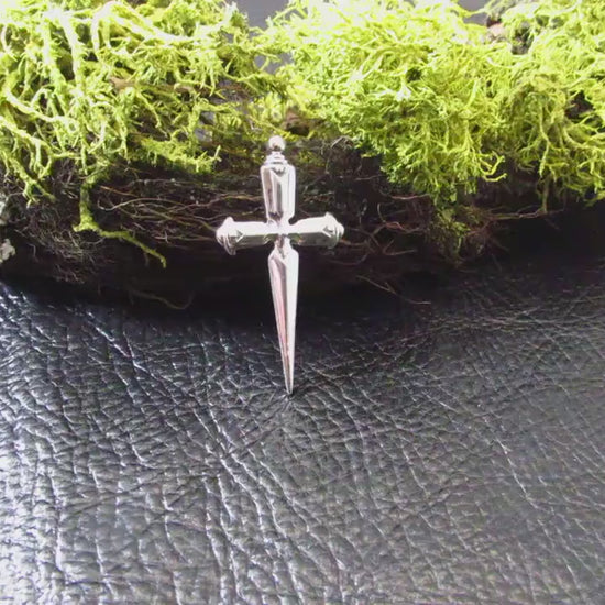 Solid 925 Sterling Silver Athame Necklace Pendant – Medieval Knife Cross / Gothic Dagger Charm