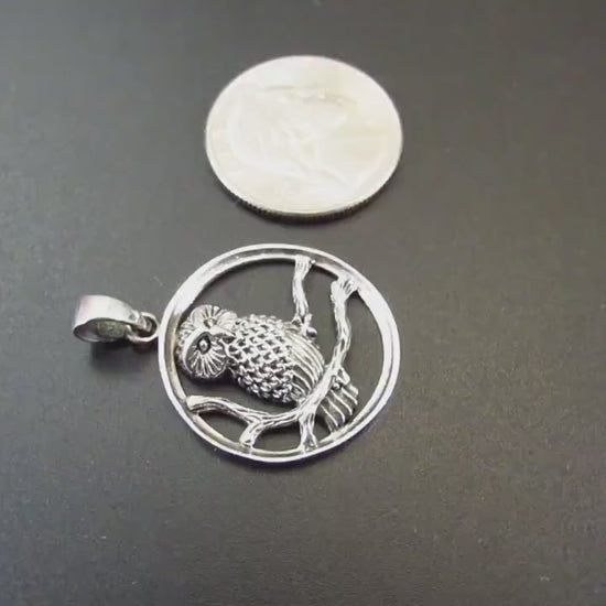 Solid 925 Sterling Silver Barn Owl Pendant Necklace – Forest Bird on Branch Amulet