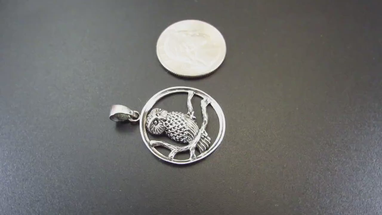 Solid 925 Sterling Silver Barn Owl Pendant Necklace – Forest Bird on Branch Amulet