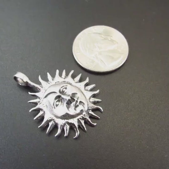 Solid 925 Sterling Silver Sun & Moon Faces Pendant – Celestial Necklace Amulet, Handcrafted Boho Sun Face Jewelry, Astrology Gift Idea