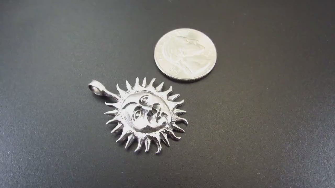 Solid 925 Sterling Silver Sun & Moon Faces Pendant – Celestial Necklace Amulet, Handcrafted Boho Sun Face Jewelry, Astrology Gift Idea
