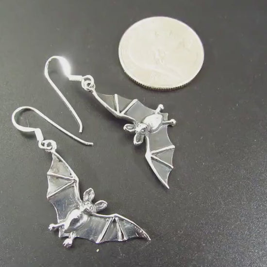 Solid 925 Sterling Silver Vampire Bat Earrings, Handcrafted Drop Dangle Hook Earrings, Spooky Halloween Jewelry, Winged Witchcore Bats