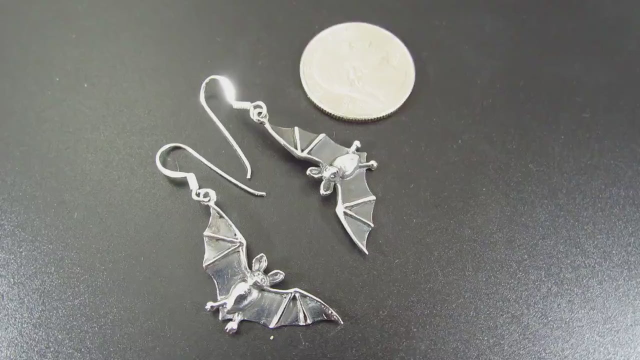 Solid 925 Sterling Silver Vampire Bat Earrings, Handcrafted Drop Dangle Hook Earrings, Spooky Halloween Jewelry, Winged Witchcore Bats