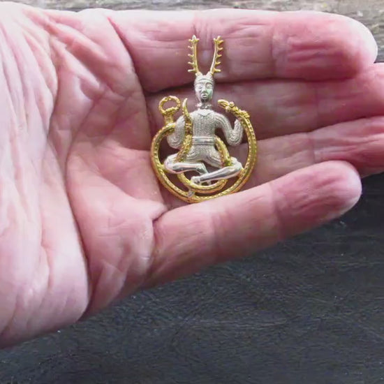 Solid 925 Sterling Silver Celtic God of the Underworld Cernunnos Pendant, Master of the Hunt, Horned God Amulet, 18k Gold Accent Jewelry