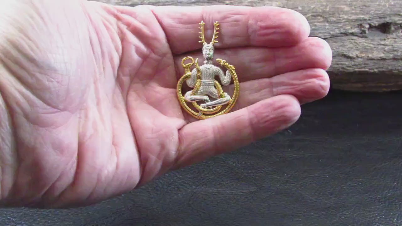 Solid 925 Sterling Silver Celtic God of the Underworld Cernunnos Pendant, Master of the Hunt, Horned God Amulet, 18k Gold Accent Jewelry