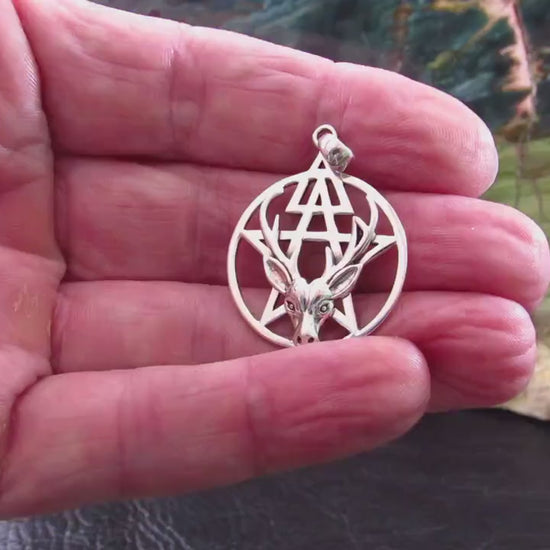 Solid 925 Sterling Silver Stag Pentacle Pendant, Antler Pagan Amulet, Third Degree Symbol