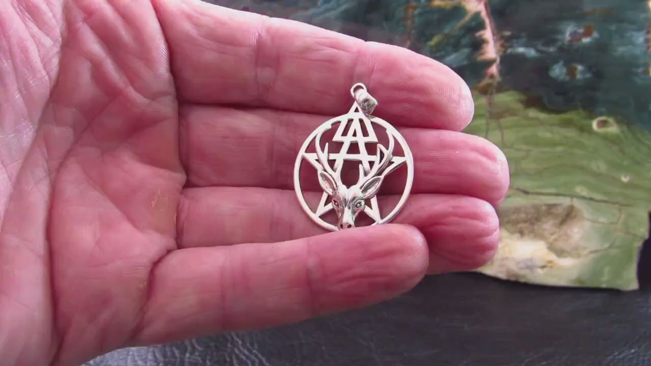 Solid 925 Sterling Silver Stag Pentacle Pendant, Antler Pagan Amulet, Third Degree Symbol
