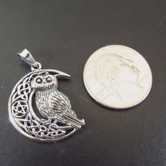 Solid 925 Sterling Silver Owl Crescent Moon Pendant, Celtic Knot Pentacle Wisdom Amulet
