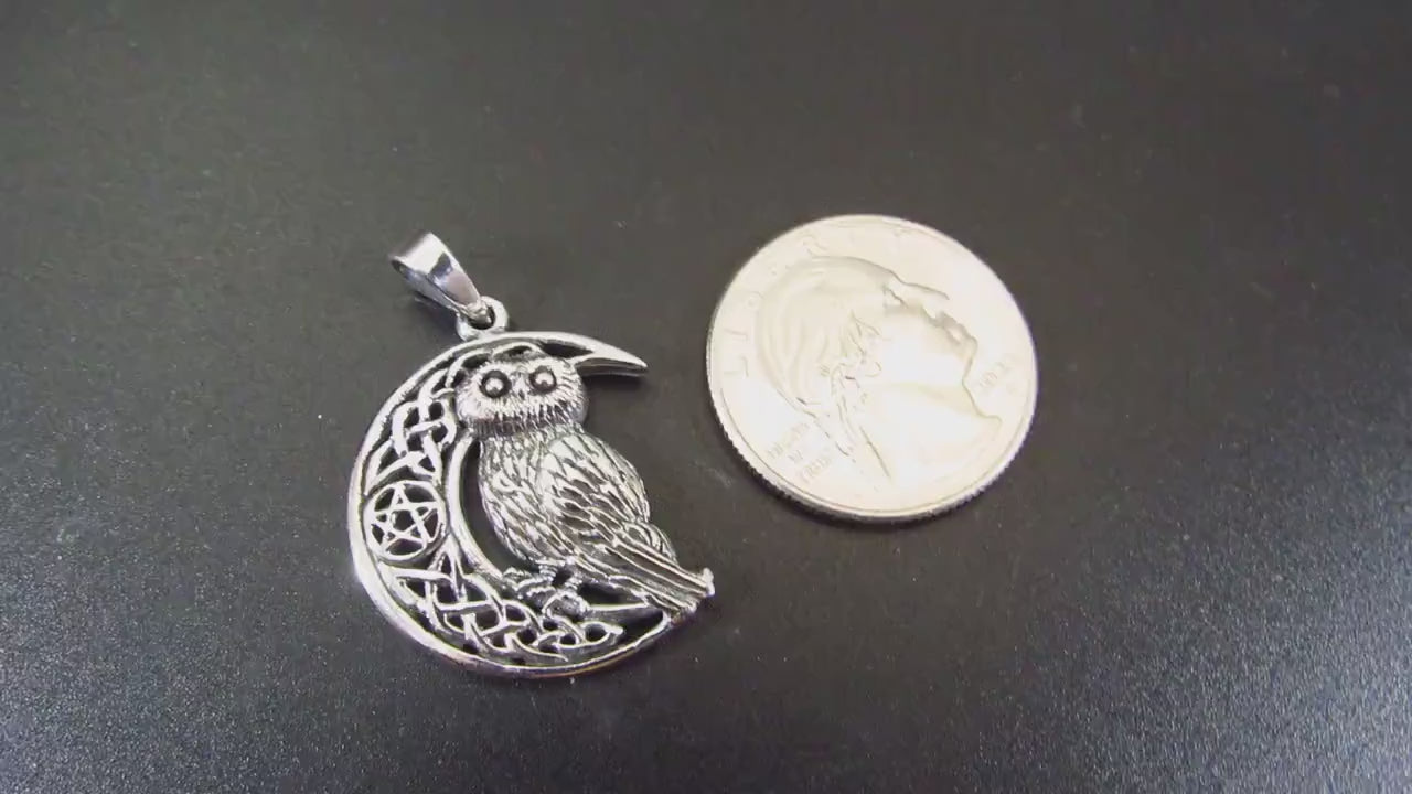 Solid 925 Sterling Silver Owl Crescent Moon Pendant, Celtic Knot Pentacle Wisdom Amulet