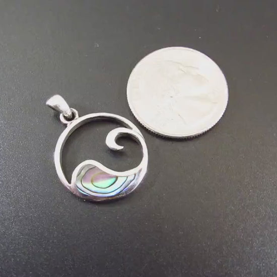 Solid 925 Sterling Silver Wave Pendant with Abalone Shell – Handcrafted Ocean Jewelry, Surfer Necklace Charm – Minimalist Nautical Charm