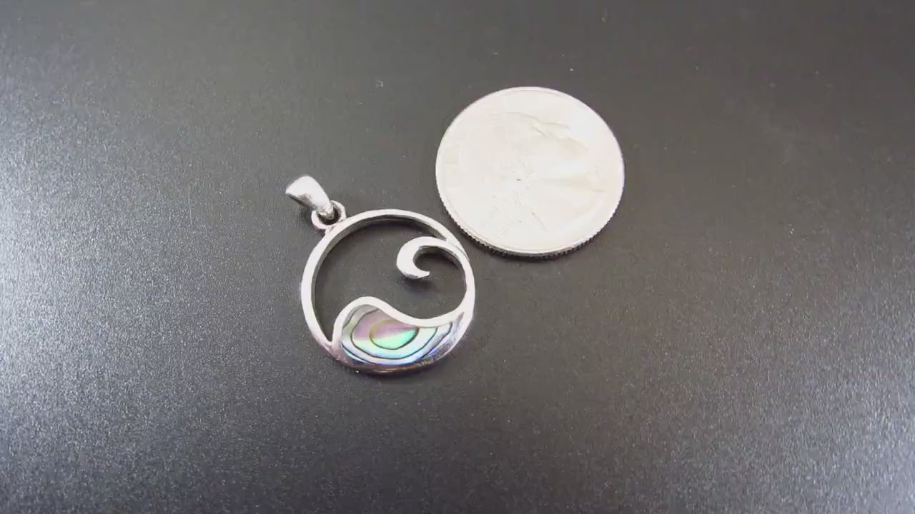 Solid 925 Sterling Silver Wave Pendant with Abalone Shell – Handcrafted Ocean Jewelry, Surfer Necklace Charm – Minimalist Nautical Charm