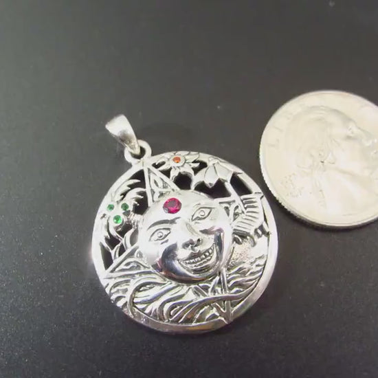 Solid 925 Sterling Silver Summer Sun Face Pendant with Ruby, Floral Solar Talisman