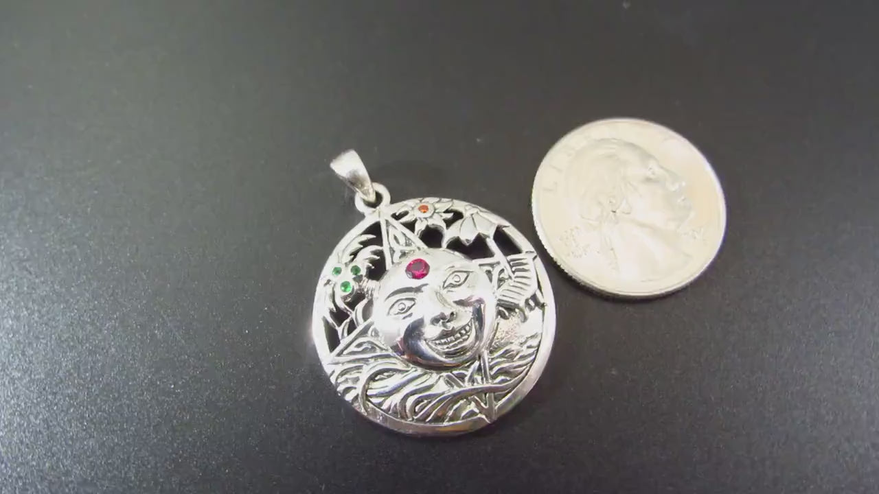 Solid 925 Sterling Silver Summer Sun Face Pendant with Ruby, Floral Solar Talisman
