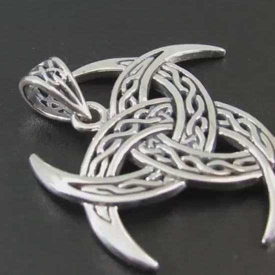 Solid 925 Sterling Silver Celtic Trinity Moons Pendant, Celtic Knots on Triple Crescent Moon Amulet, Viking Shield Jewelry