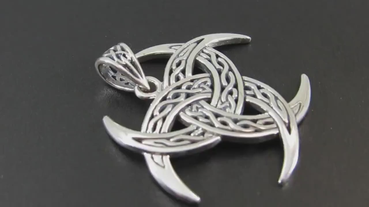 Solid 925 Sterling Silver Celtic Trinity Moons Pendant, Celtic Knots on Triple Crescent Moon Amulet, Viking Shield Jewelry