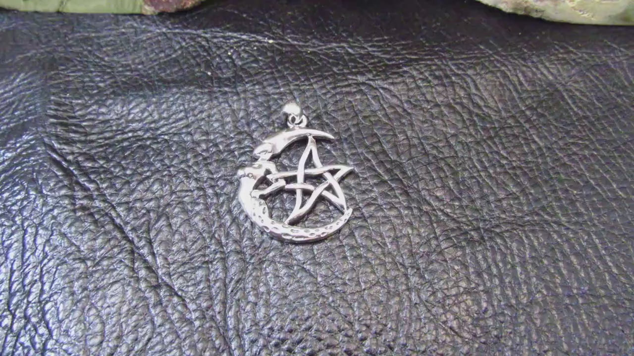 Solid 925 Sterling Silver Crescent Moon Goddess Pentacle Pendant Wiccan Pagan Witch Jewelry