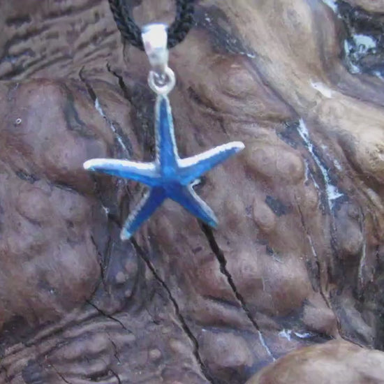 Solid 925 Sterling Silver & Inlaid Blue Enamel Starfish Pendant