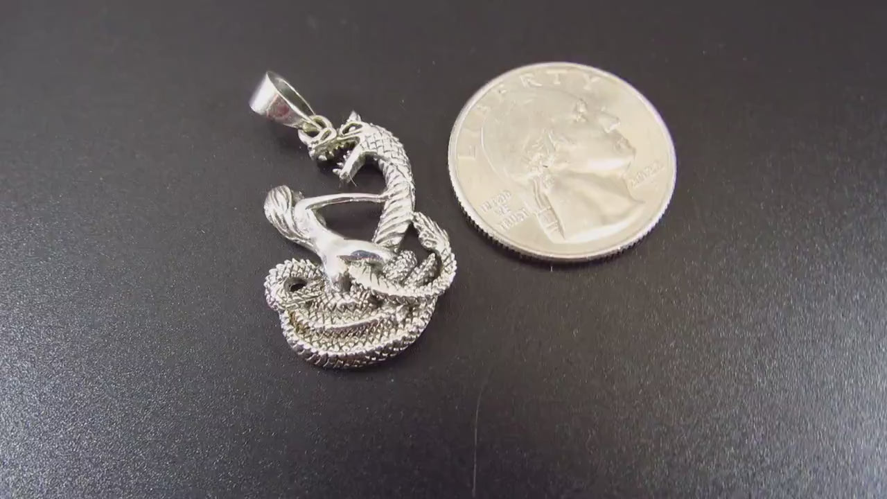 Solid 925 Sterling Silver Damsel in Distress Pendant, Woman & Mystical Serpent, Handcrafted Gothic Fantasy Jewelry, Lady and Snake Sculpture