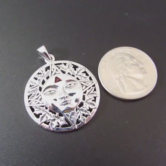Solid 925 Sterling Silver Autumn Sun Face Pendant with Garnet, Celtic Leaf Solar Talisman