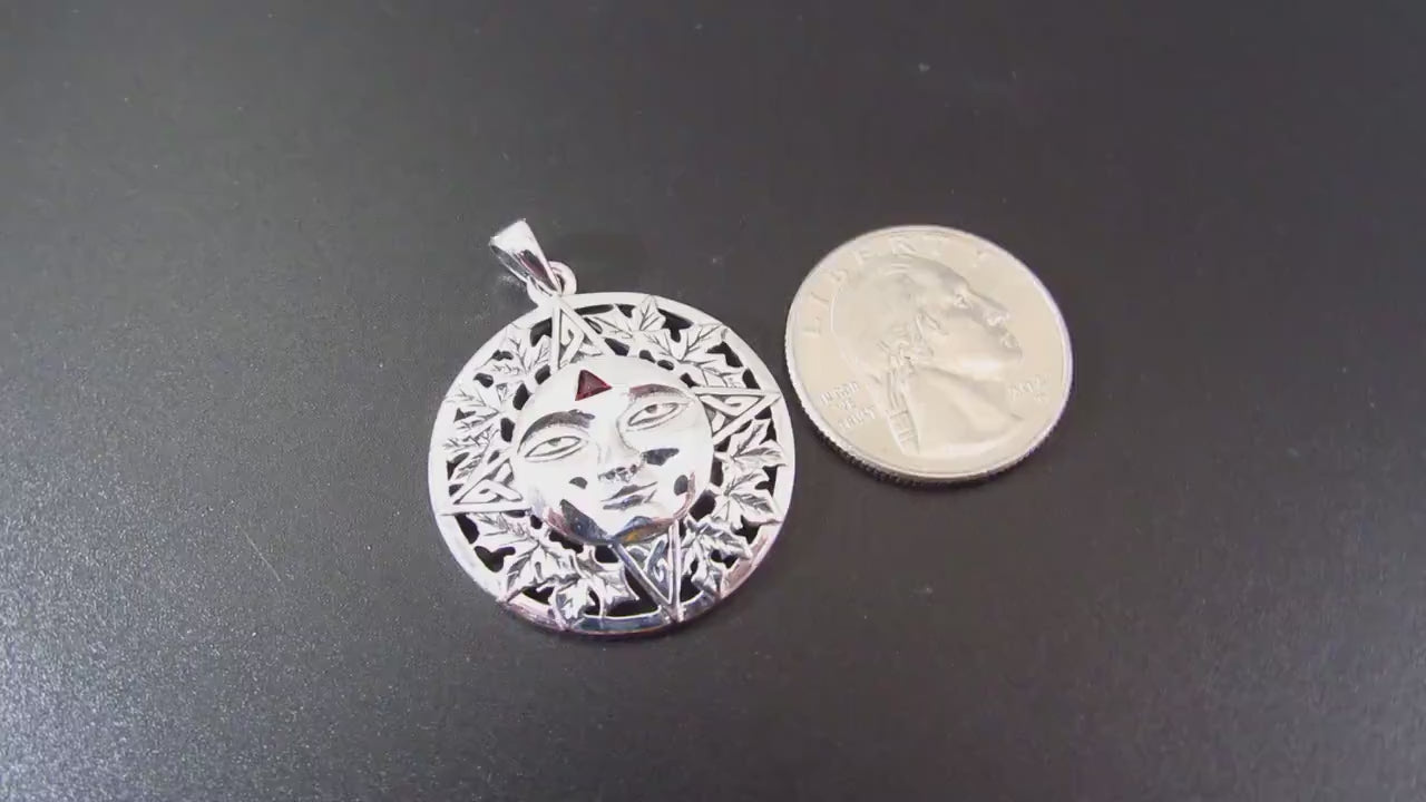 Solid 925 Sterling Silver Autumn Sun Face Pendant with Garnet, Celtic Leaf Solar Talisman