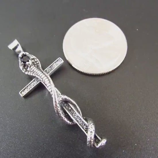 Solid 925 Sterling Silver Cobra Cross Pendant – Gothic Snake & Skull Necklace Pendant, Dark Symbolism Jewelry, Biker and Viking Amulet