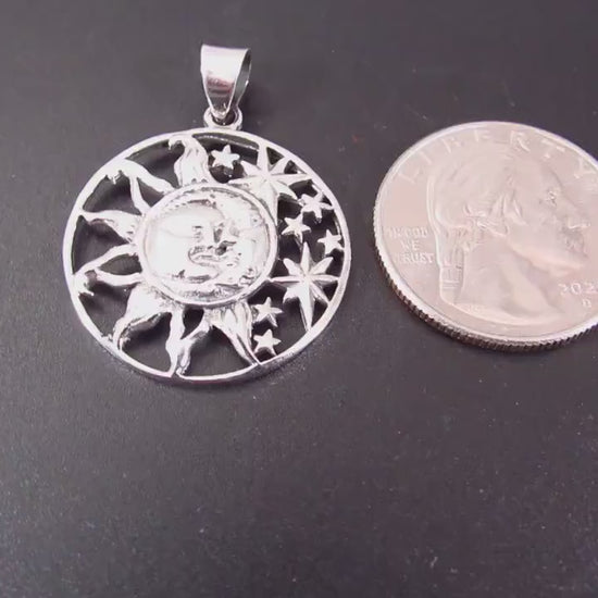 Solid 925 Sterling Silver Sun and Moon Faces, & 8 Stars Celestial Pendant, Handcrafted Cosmic Yin/Yang Amulet, Astrology Jewelry