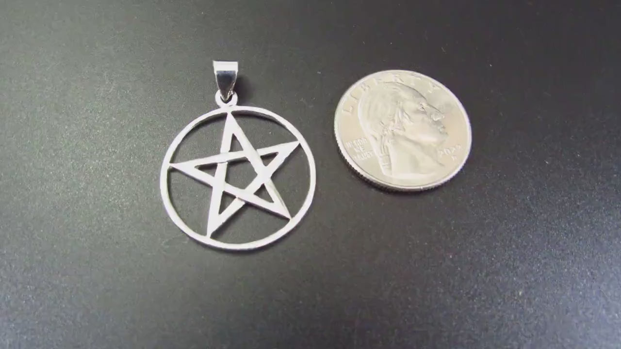 Medium Solid 925 Sterling Silver Pentagram Pendant – Wiccan Protection Amulet, Five-Pointed Star in Circle, Occult Pagan Symbol