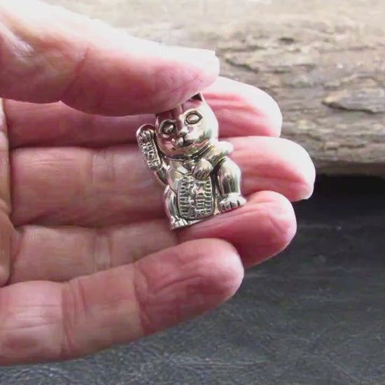 The Lucky Cat Pendant / Solid 925 Sterling Silver / Maneki Neko, Japanese Good Luck Charm Figurine, Prosperity and Fortune Jewelry