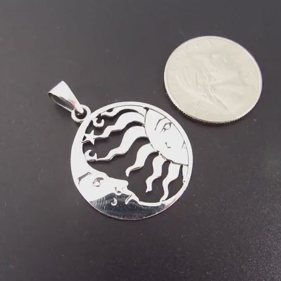 Solid 925 Sterling Silver Crescent Moon And Sun Pendant, Ying Yang Man & Woman Faces, Boho Lunar Amulet, Necklace Charm, Astrology Gift