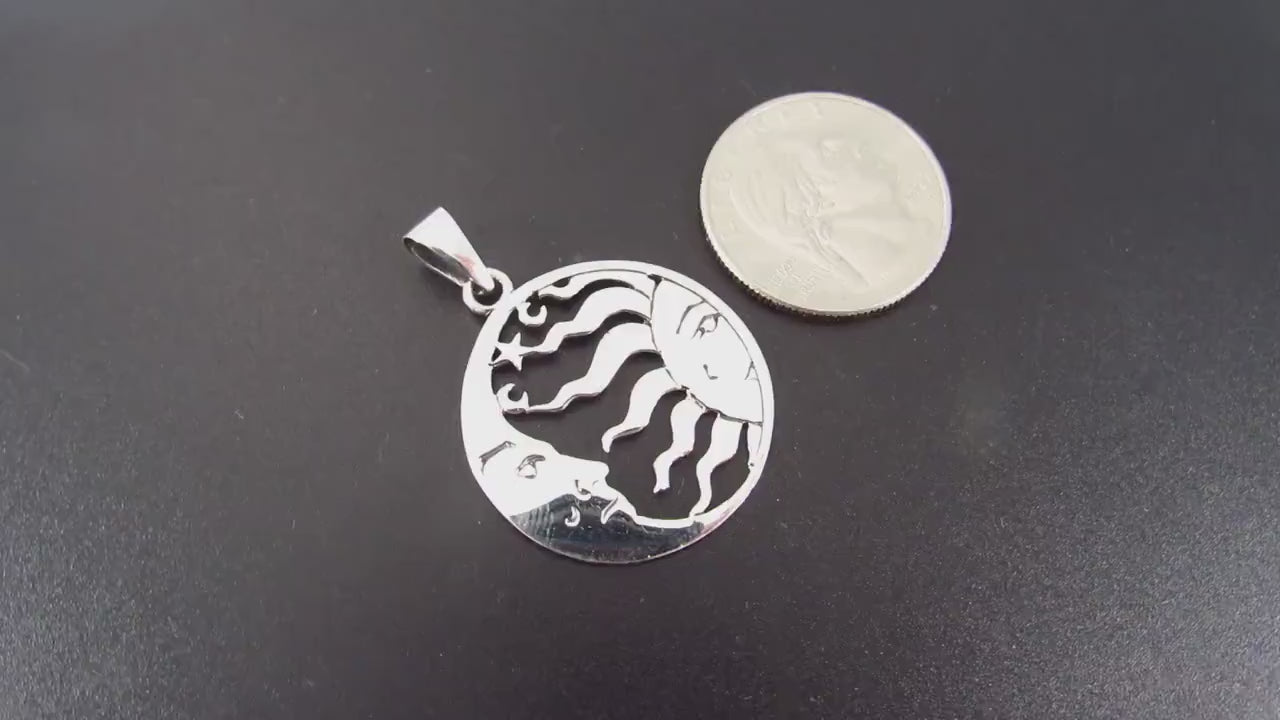 Solid 925 Sterling Silver Crescent Moon And Sun Pendant, Ying Yang Man & Woman Faces, Boho Lunar Amulet, Necklace Charm, Astrology Gift