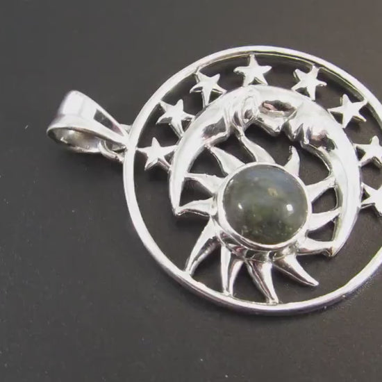 Solid 925 Sterling Silver Sun Moon Face & Stars Pendant with Amethyst, Labradorite, or Moonstone
