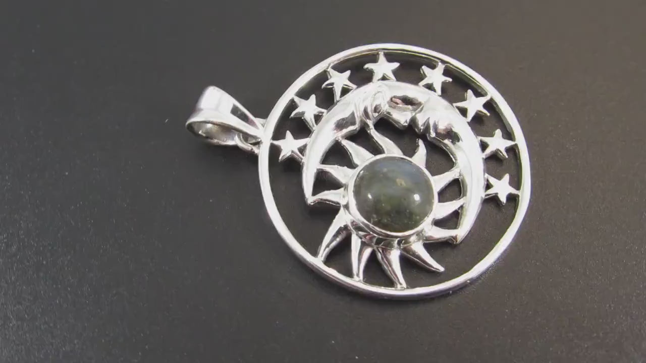 Solid 925 Sterling Silver Sun Moon Face & Stars Pendant with Amethyst, Labradorite, or Moonstone