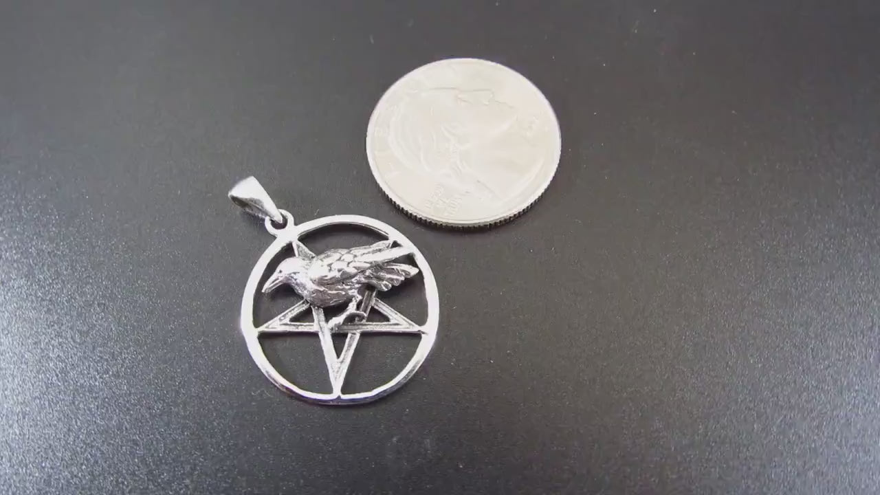 Solid 925 Sterling Silver Raven Pentagram Pendant - Gothic Crow Charm, Wiccan Protection Amulet, Pagan Witchcraft Jewelry, Occult Talisman