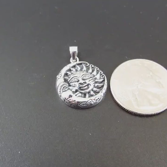 Solid 925 Sterling Silver Sun and Moon Pendant – Celestial Jewelry, Handcrafted Silver Necklace Charm, Sun & Moon Face Boho Lunar Amulet