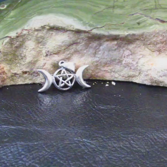 Solid 925 Sterling Silver Triple Moon Goddess Pendant with Pentagram – Moon Phases Pentacle