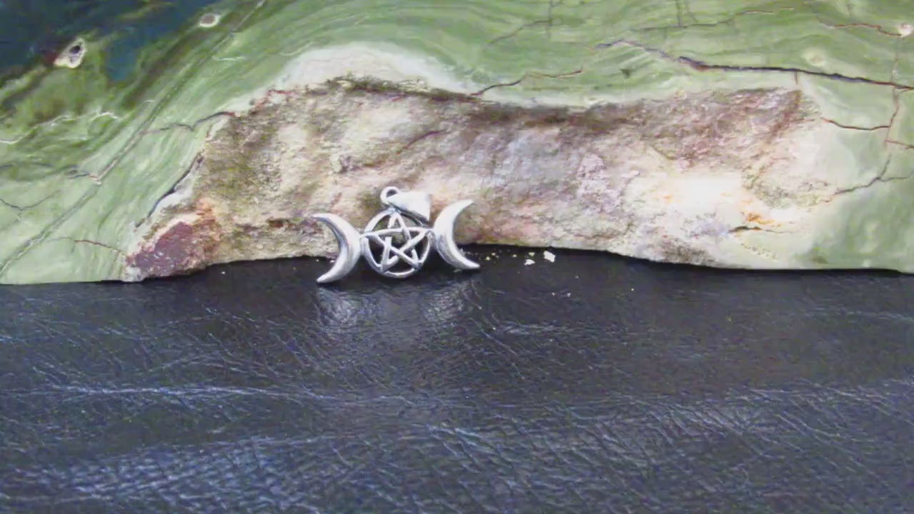 Solid 925 Sterling Silver Triple Moon Goddess Pendant with Pentagram – Moon Phases Pentacle