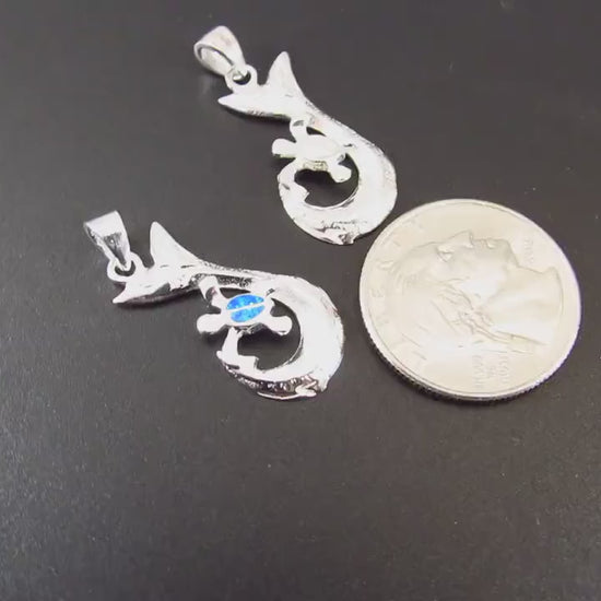 Solid 925 Sterling Silver Whale Tail Pendant with Blue or White Opal Turtle – Ocean Necklace Charm, Marine Life Jewelry, Beach Lover Gift