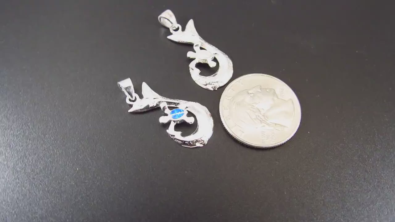 Solid 925 Sterling Silver Whale Tail Pendant with Blue or White Opal Turtle – Ocean Necklace Charm, Marine Life Jewelry, Beach Lover Gift