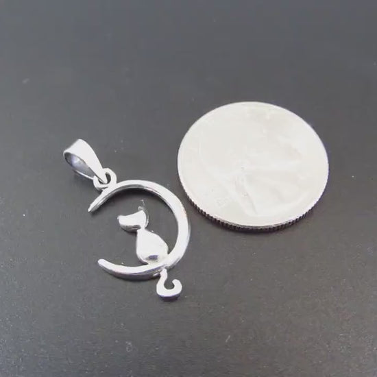 Solid 925 Sterling Silver Crescent Moon Cat Pendant, Witchy Feline Celestial Necklace Charm