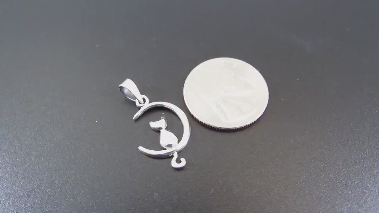 Solid 925 Sterling Silver Crescent Moon Cat Pendant, Witchy Feline Celestial Necklace Charm