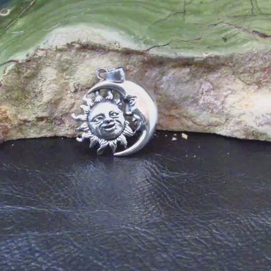 Solid 925 Sterling Silver Sun and Crescent Moon Faces Pendant, Cosmic Solar & Lunar Amulet