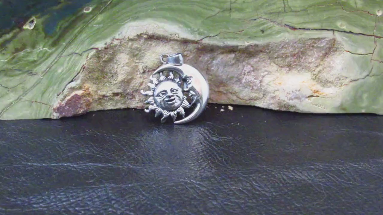 Solid 925 Sterling Silver Sun and Crescent Moon Faces Pendant, Cosmic Solar & Lunar Amulet